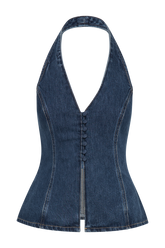 India Button Front Halter Denim Longline Top - Dark Blue
